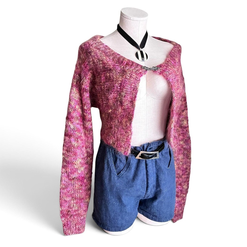 Hand Knit Pink & Beige Mohair Cropped Bolero Shrug Sweater S/M - Picture 6 of 10